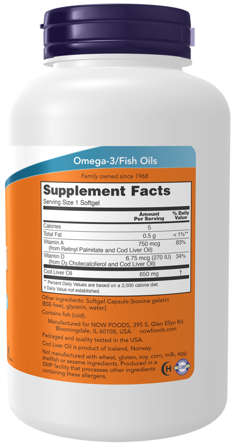 NOW Foods - Tőkehal májolaj, 650mg - 250 lágyzselatin kapszula - Image 2