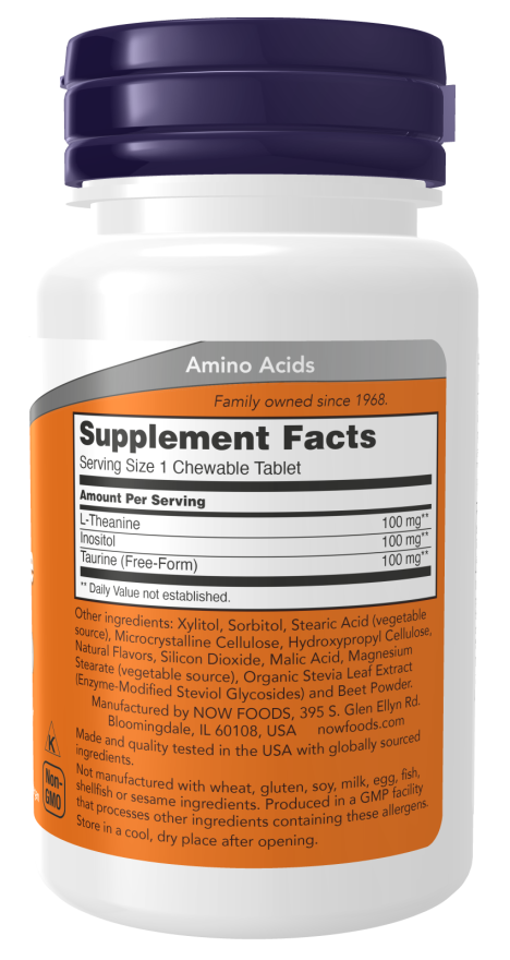 NOW Foods - L-Theanin Inozitollal és Taurinnal, 100mg - 90 rágótabletta - Image 2