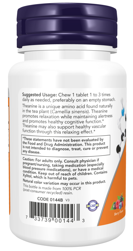 NOW Foods - L-Theanin Inozitollal és Taurinnal, 100mg - 90 rágótabletta - Image 3
