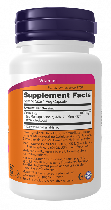 NOW Foods – MK-7 Vitamin K-2, 100 mcg - 60 kapszula - Image 2