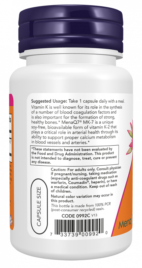 NOW Foods – MK-7 Vitamin K-2, 100 mcg - 60 kapszula - Image 3