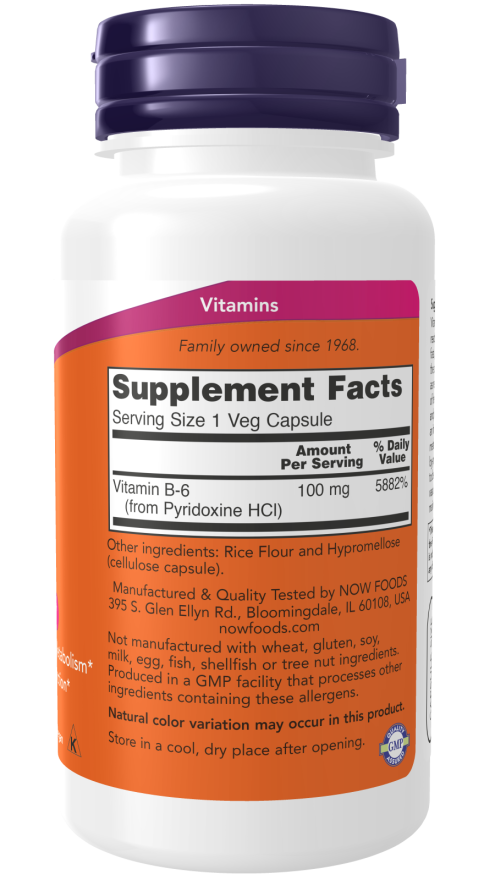 NOW Foods - B6-vitamin, 100 mg - 250 kapszula - Image 2
